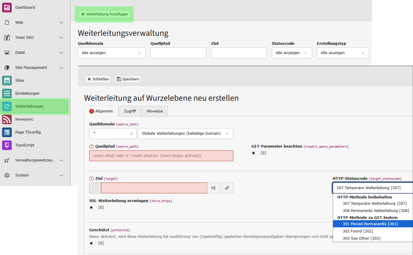 Redirects (Weiterleitung) erstellen